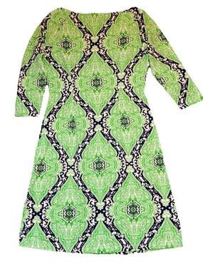 J. McLaughlin Green and Navy medallion Patterned 3/4 Sleeve sheath Dress soft